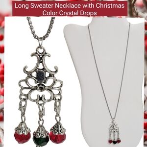 SILVER 28" LONG CHRISTMAS RED & GREEN sweater necklace. Handmade